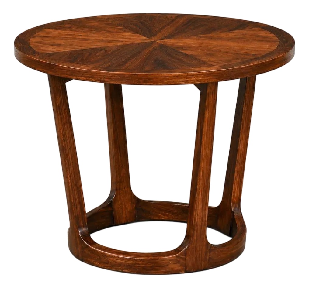 1960s Refinished Lane Rhythm Round 28" End Table: A mid century modern walnut round end table by Lane Rhythm. Made in USA. Circa 1960's. Professionally refinished. 28" diameter. 20" tall. Condition: Alterations: Restored Imperfections: Some Imperfect