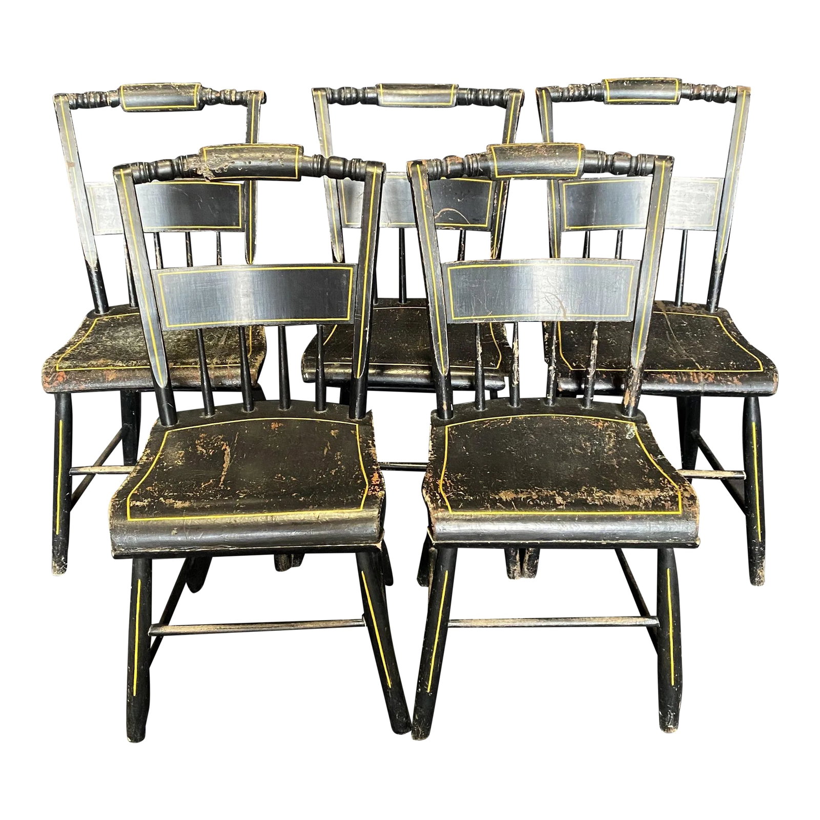 19th Century Plank Seated Dining Chairs With Original Black Paint -Set of 5: Set of five paint decorated, plank seated chairs, in original black paint, decorated with simple but beautiful yellow striping from Maine. The paint surface is original and untouched. There are minor 