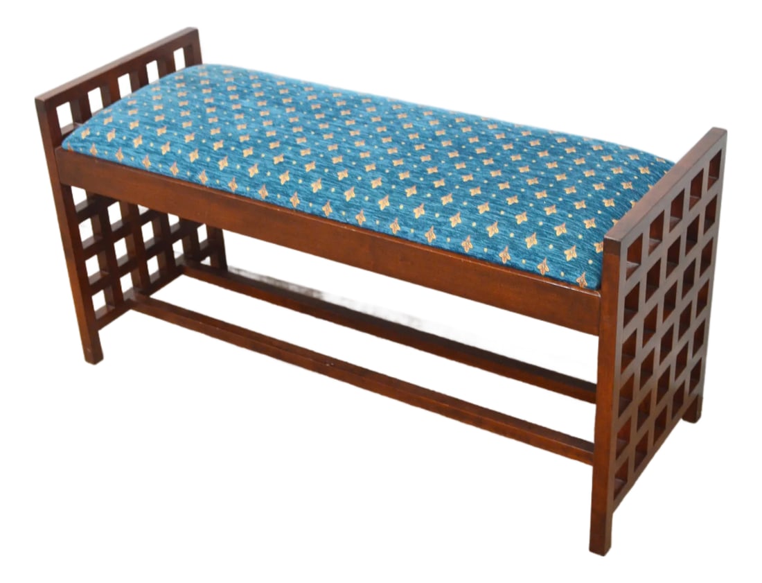 Stickley Cherry Bench: Stickley Bench. Store item #557. It features solid wood construction and upholstered seat. Condition: Alterations: Original Condition Unaltered Imperfections: Some Imperfections Condition Notes: Has a