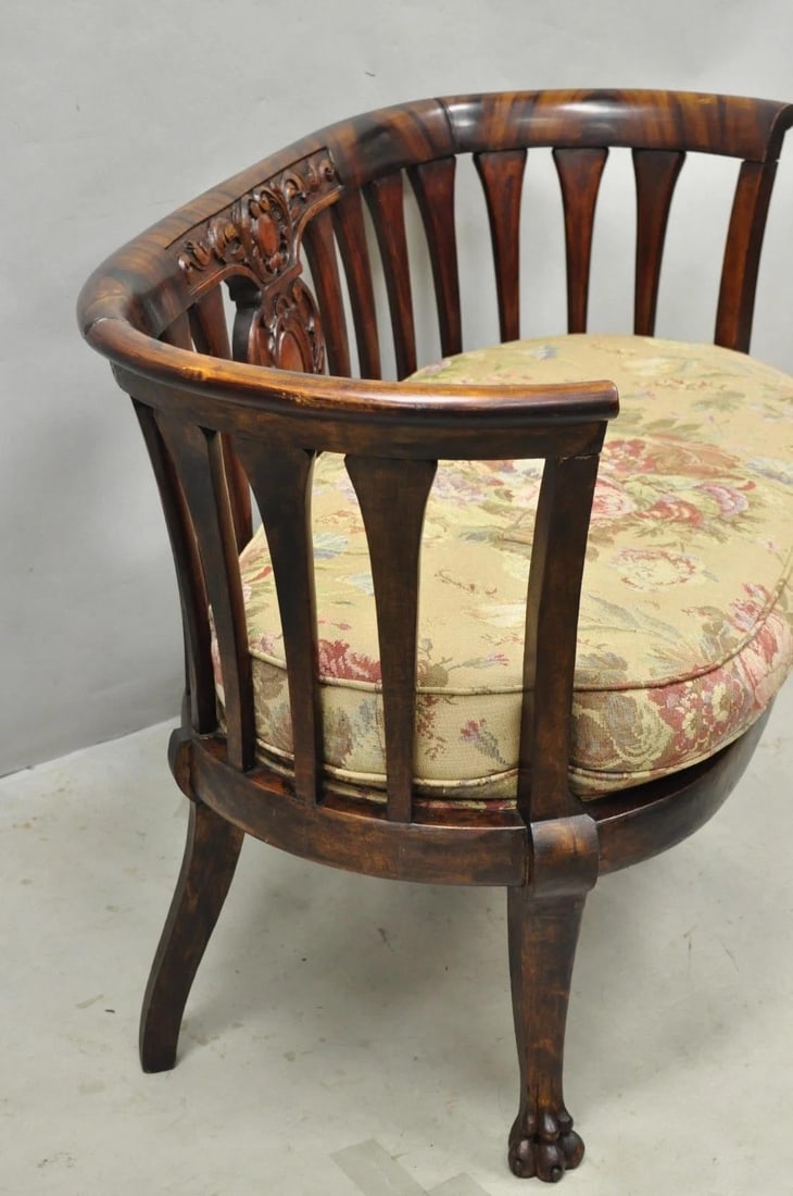 Antique Victorian Carved Mahogany Paw Foot Barrel Back Settee Loveseat Sofa - 11