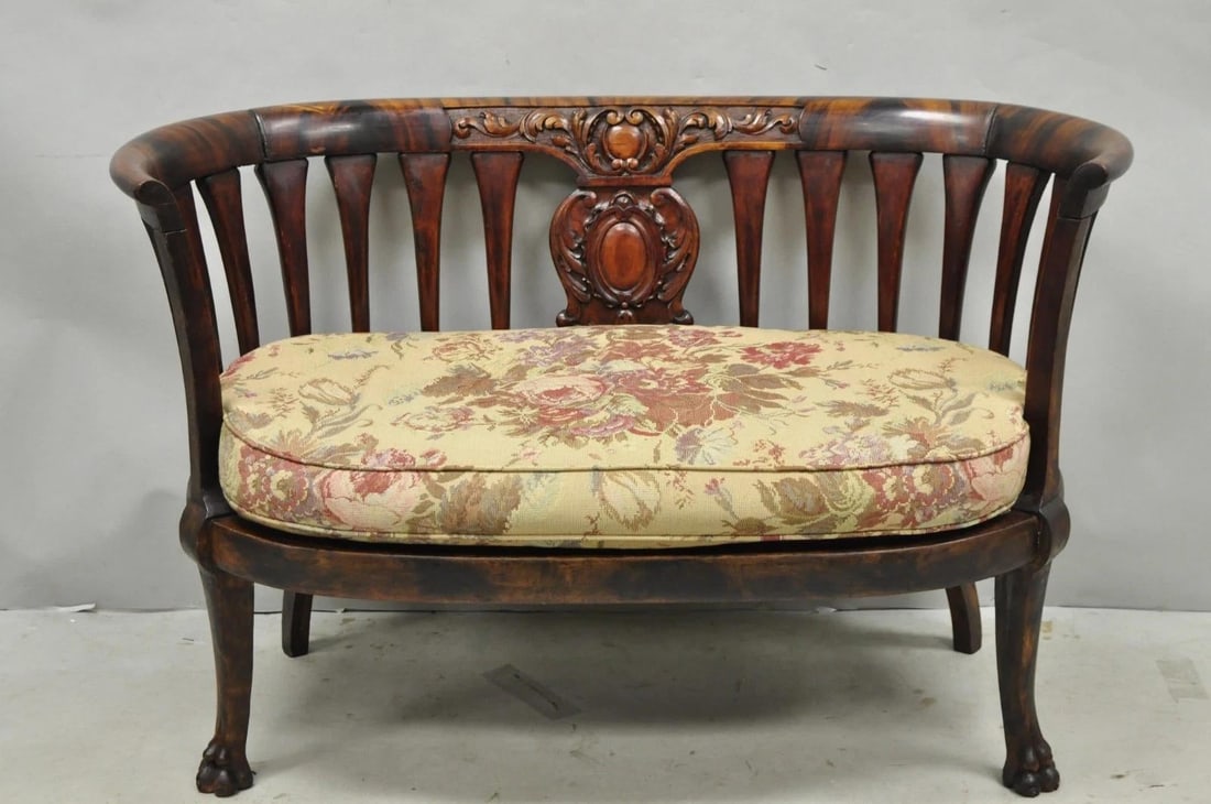 Antique Victorian Carved Mahogany Paw Foot Barrel Back Settee Loveseat Sofa - 16