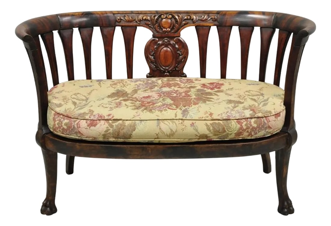 Antique Victorian Carved Mahogany Paw Foot Barrel Back Settee Loveseat Sofa (1 of 16)