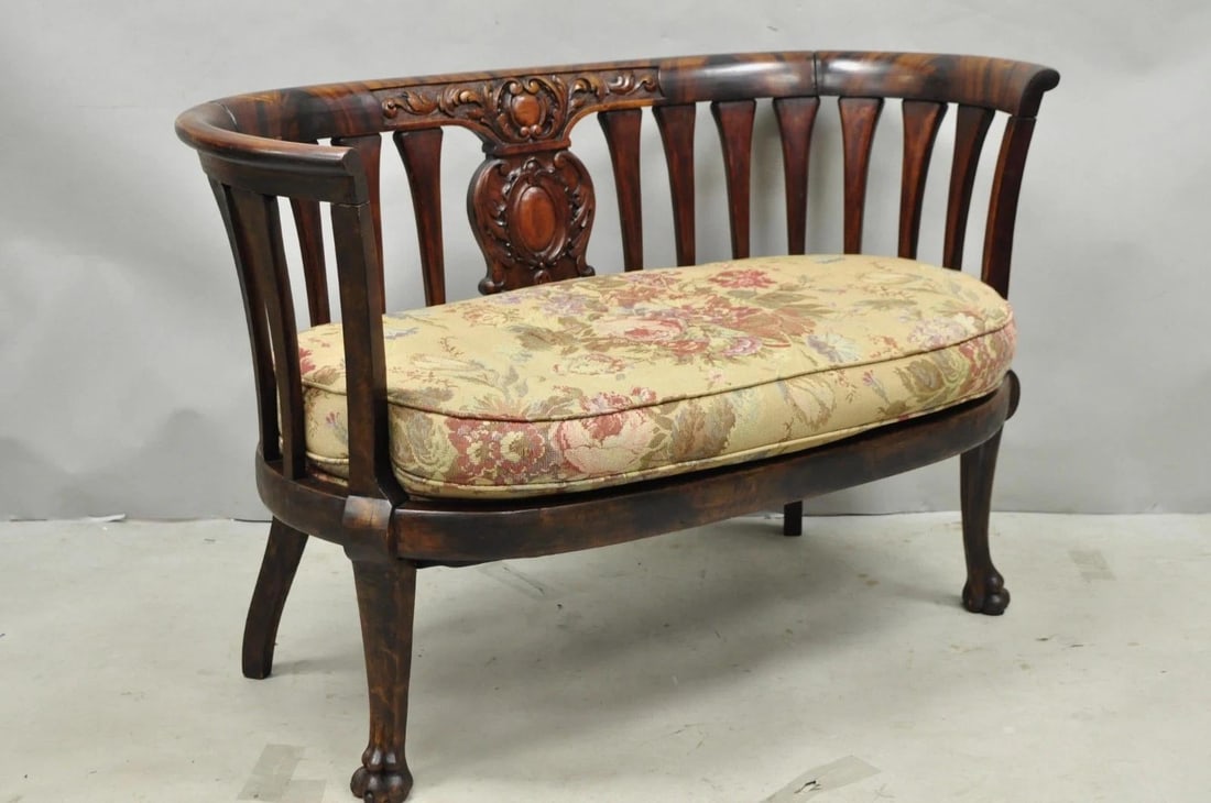 Antique Victorian Carved Mahogany Paw Foot Barrel Back Settee Loveseat Sofa - 2