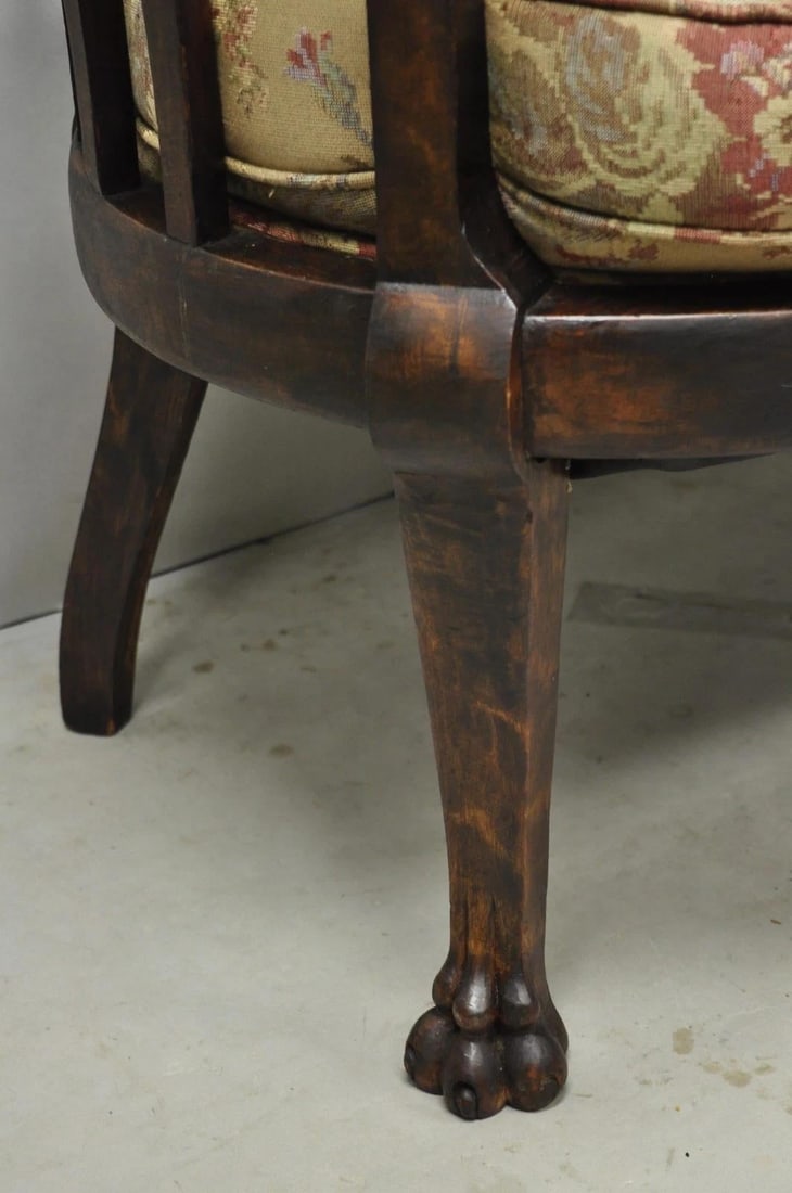 Antique Victorian Carved Mahogany Paw Foot Barrel Back Settee Loveseat Sofa - 4