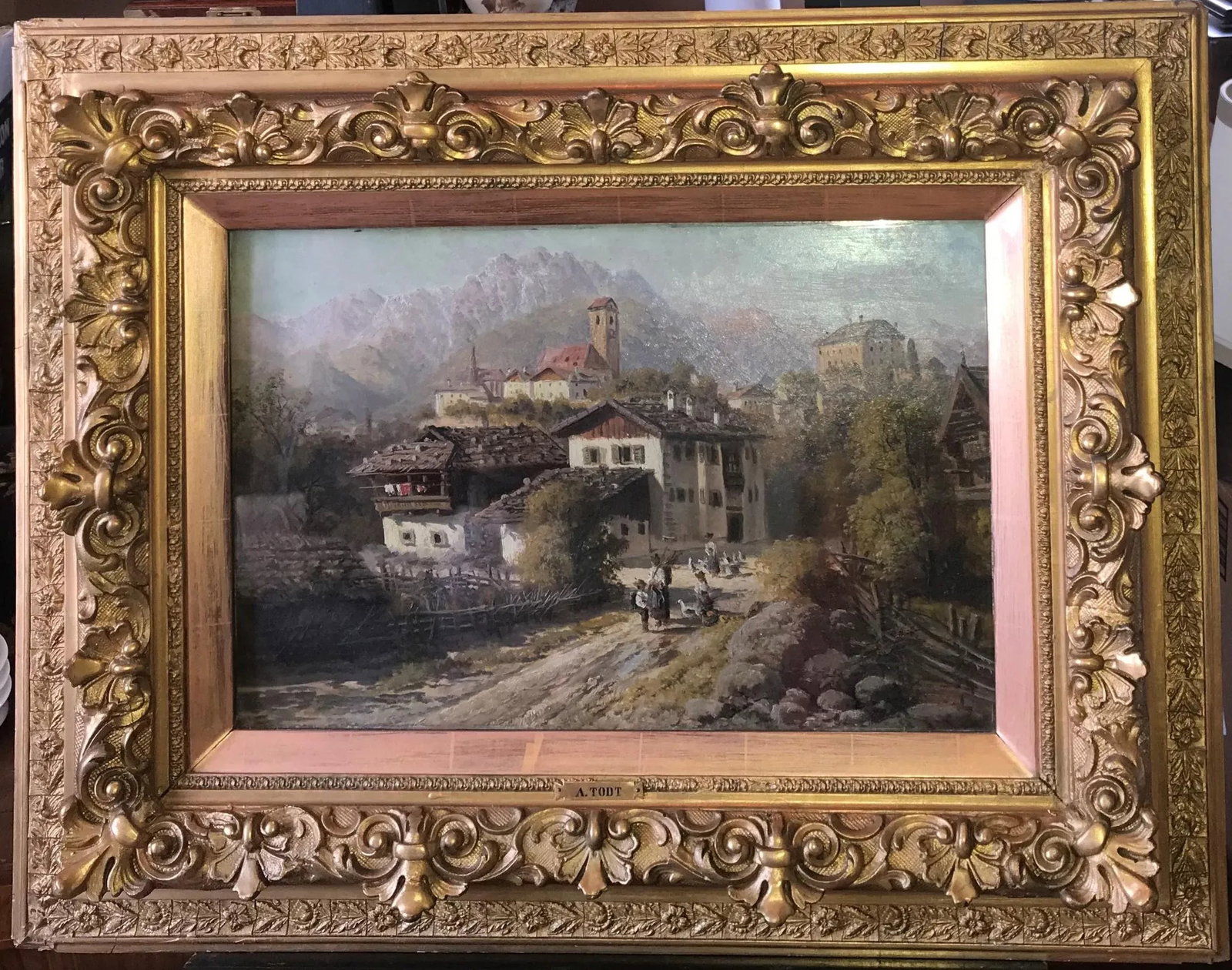 Early 20th Century European Village Scene Oil Painting, Framed - 10