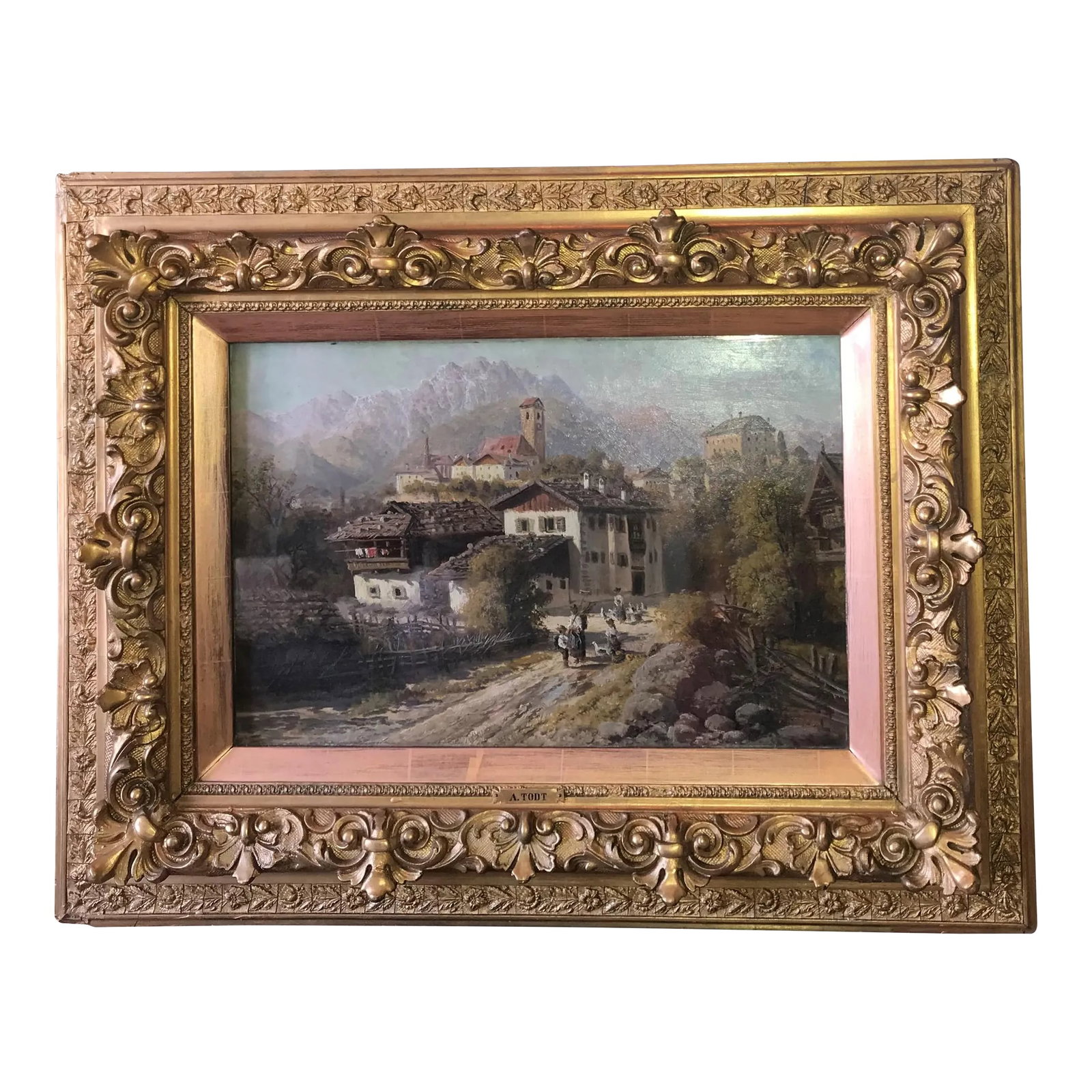 Early 20th Century European Village Scene Oil Painting, Framed: Original European oil painting on board. Village scene with women, children, and geese walking down a road. Late 19th/early 20th century. Artist signed A. Todt lower right. Carved and gilded frame