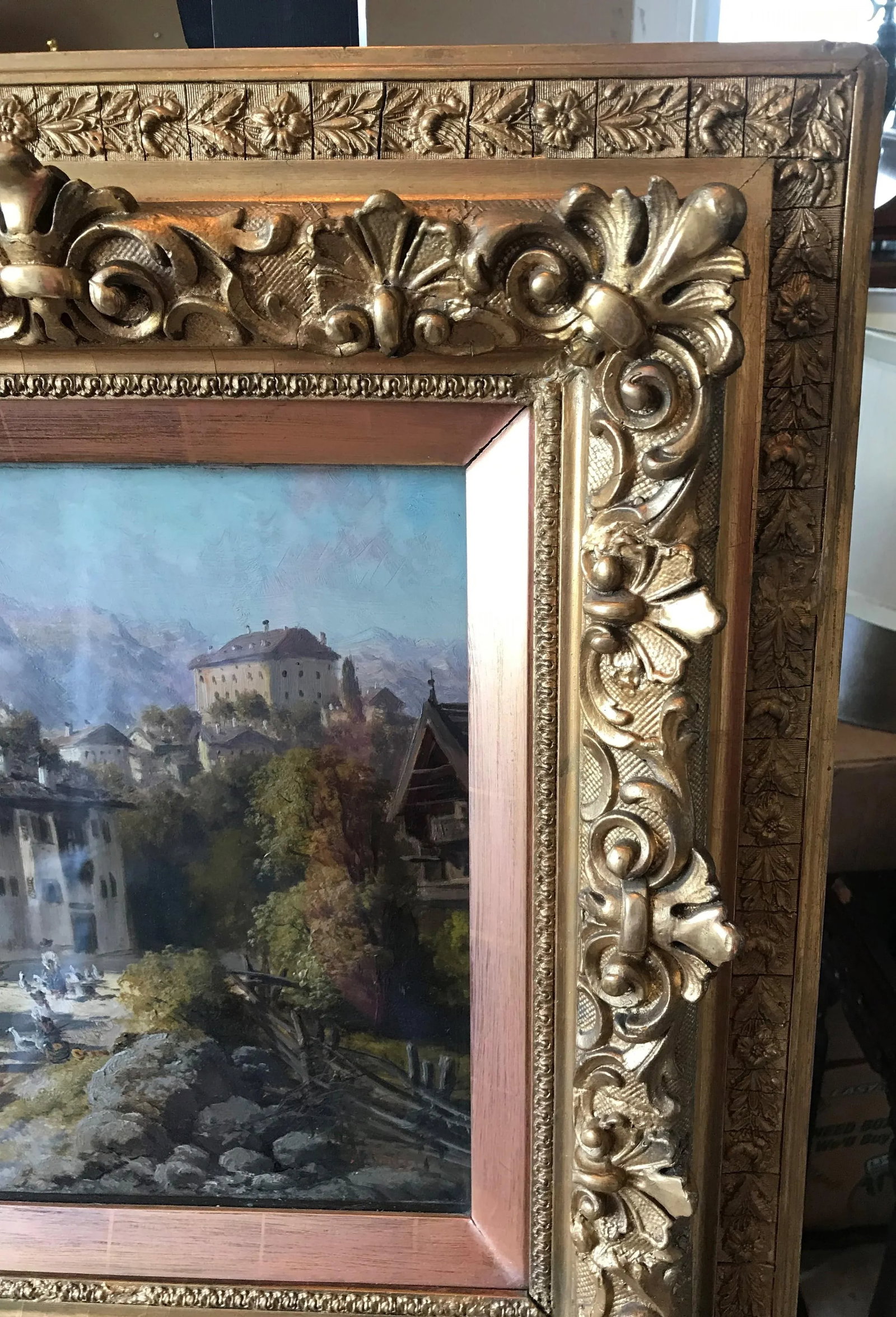 Early 20th Century European Village Scene Oil Painting, Framed - 3