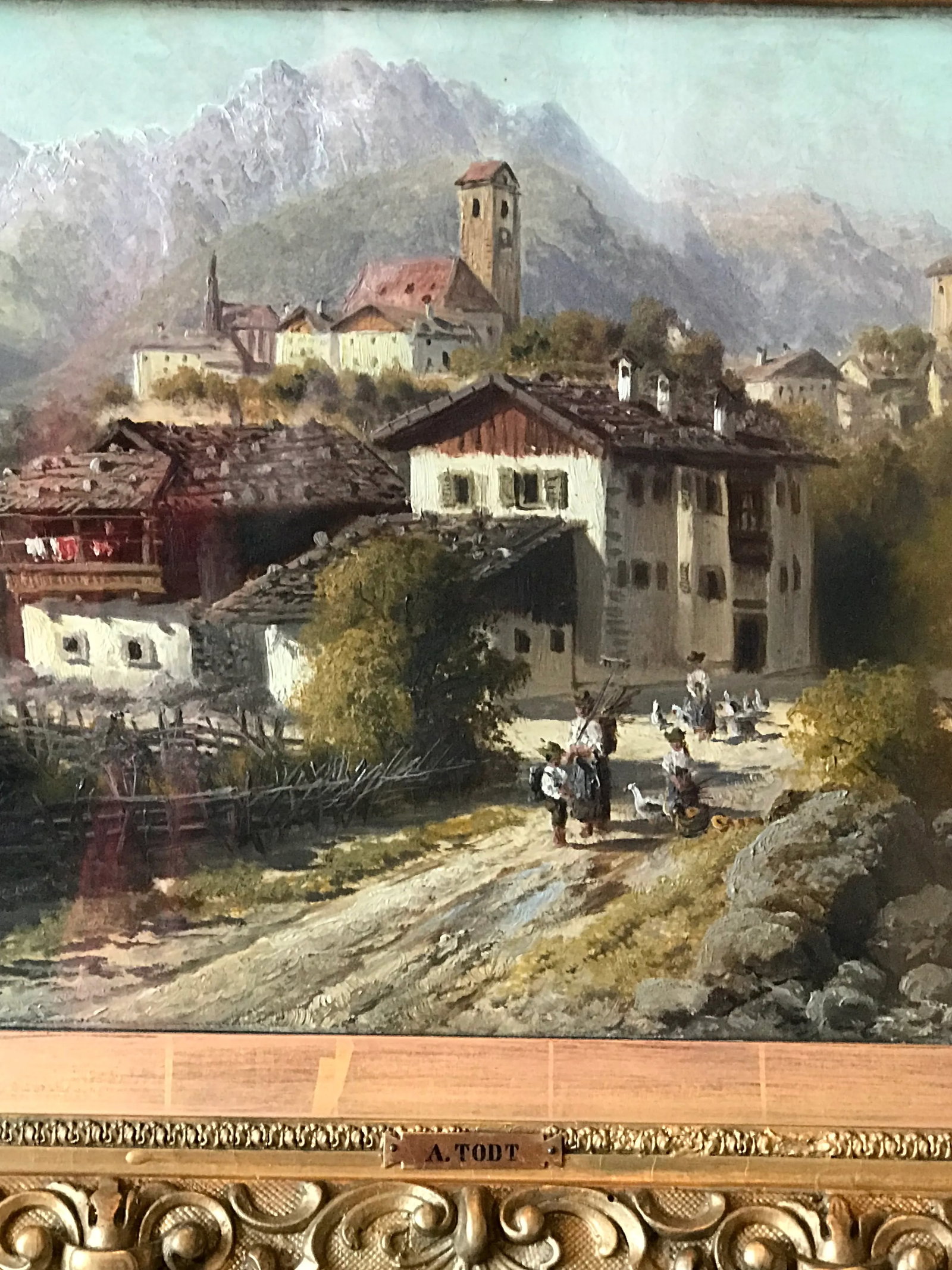 Early 20th Century European Village Scene Oil Painting, Framed - 6