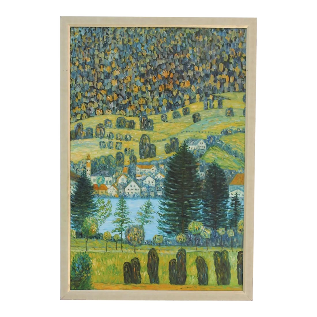 Post Impressionist Village Landscape Acrylic on Canvas: Charming post-impressionist village nestled between forest and lake scene (ca. 1940s, Western Europe). Appealing colors incorporated to evoke the verdant landscape. Unsigned. Measures: Framed: H: