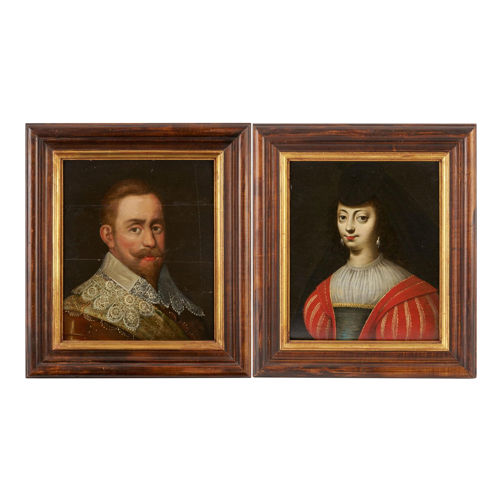 Pr. 17th C. European Pendant Portraits, Gustavus Adolphus & Maria Eleonora: Northern European school pair of oil on panel bust-length pendant portraits depicting a man and a woman in fine clothing, likely Gustavus Adolphus or Gustaf II Adolf, King of Sweden (r. 1611-1632),