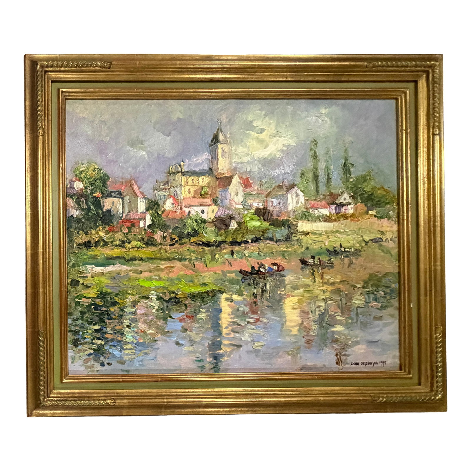 Late 20th Century Anna Olszewska - Riverside Village, Oil on Canvas: A vibrant Impressionist-style oil on canvas depicting a picturesque European riverside village with a prominent church tower, colorful houses, and small boats gliding across calm, reflective waters. E