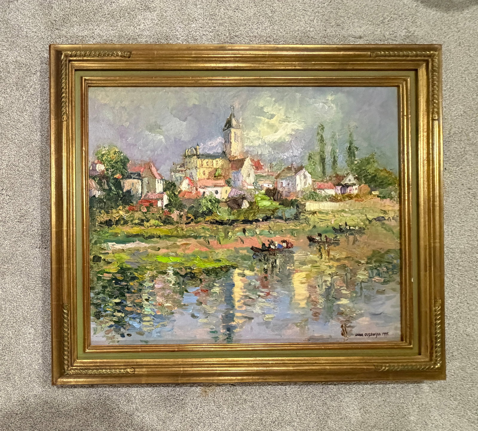 Late 20th Century Anna Olszewska - Riverside Village, Oil on Canvas - 2