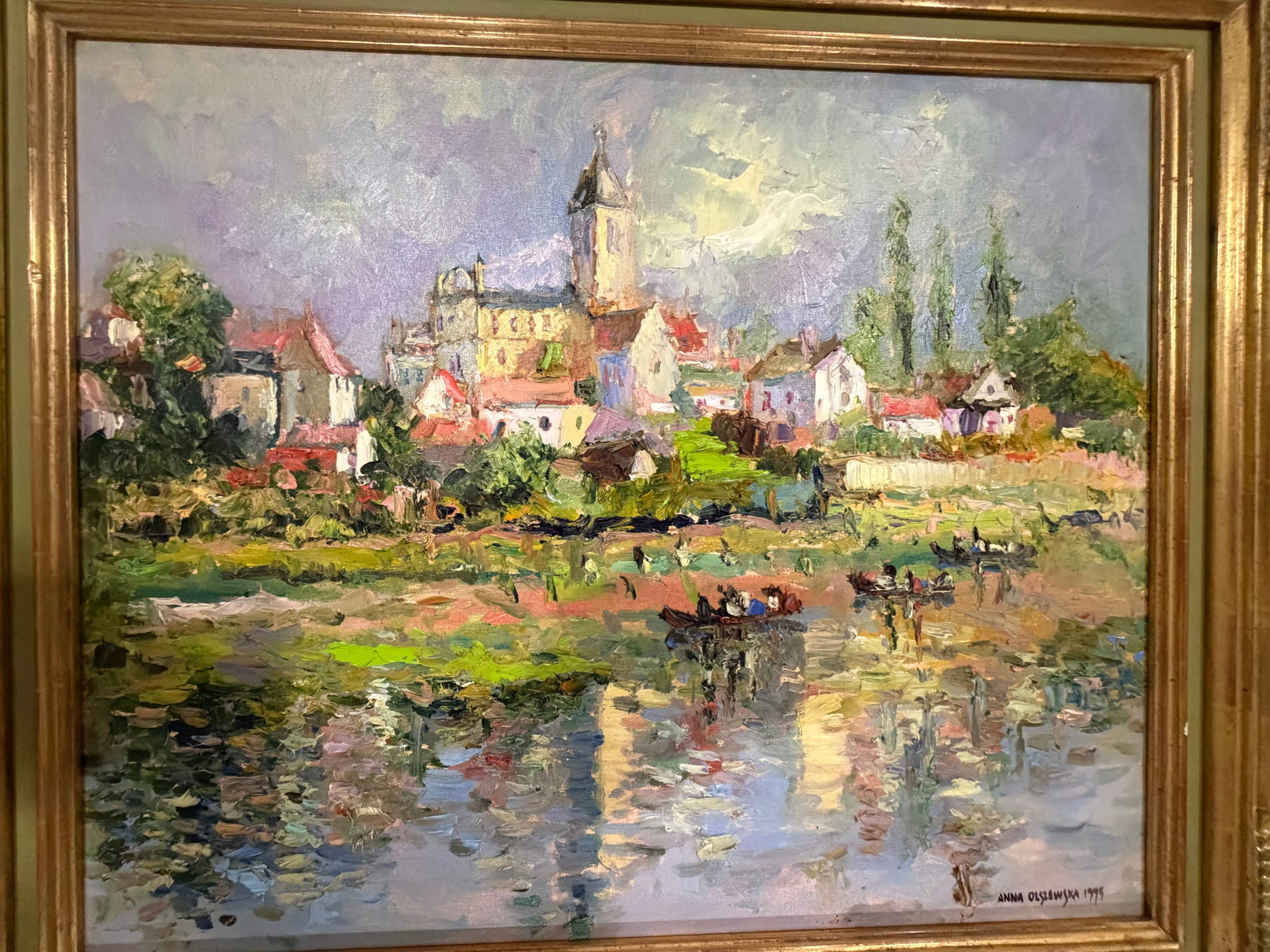 Late 20th Century Anna Olszewska - Riverside Village, Oil on Canvas - 5