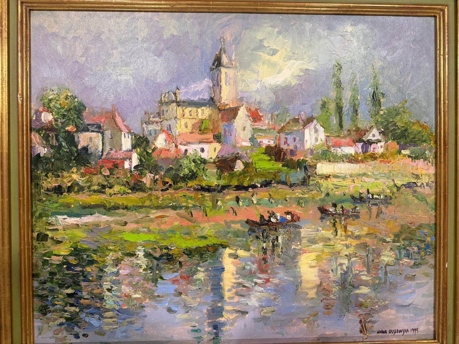 Late 20th Century Anna Olszewska - Riverside Village, Oil on Canvas - 8