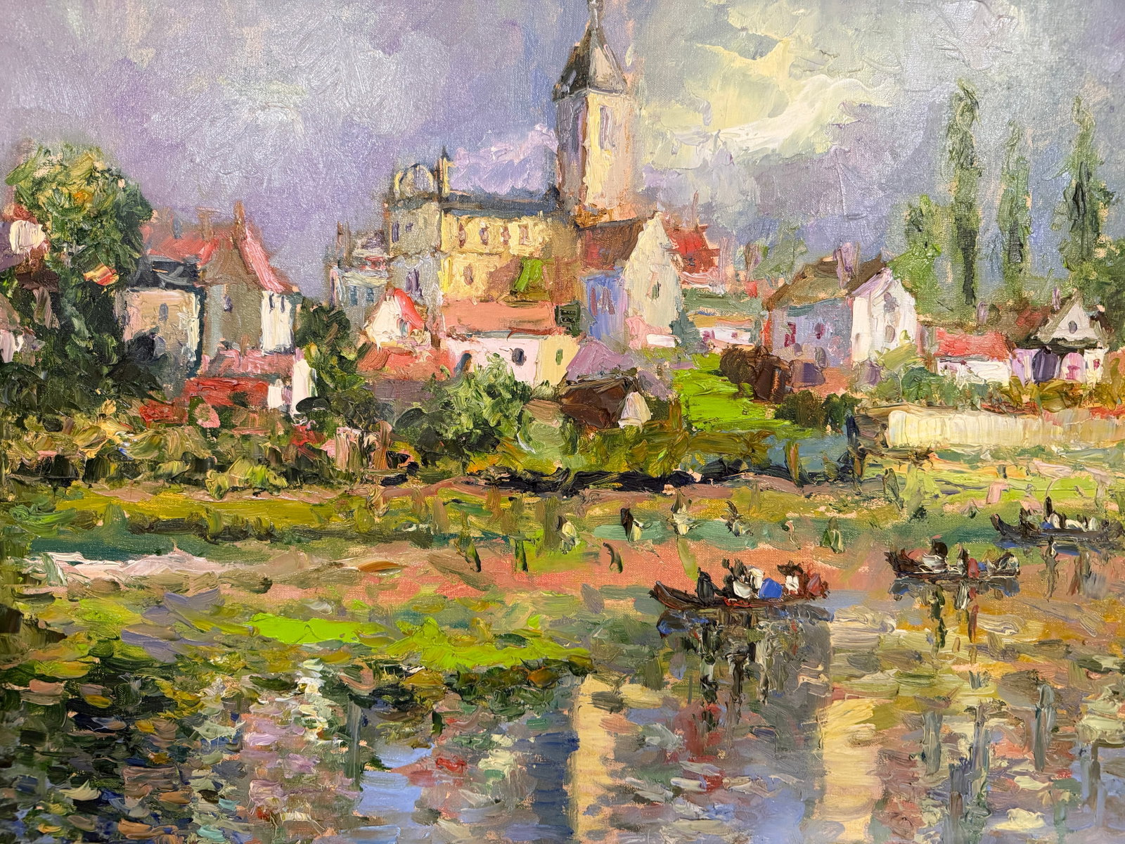 Late 20th Century Anna Olszewska - Riverside Village, Oil on Canvas - 9
