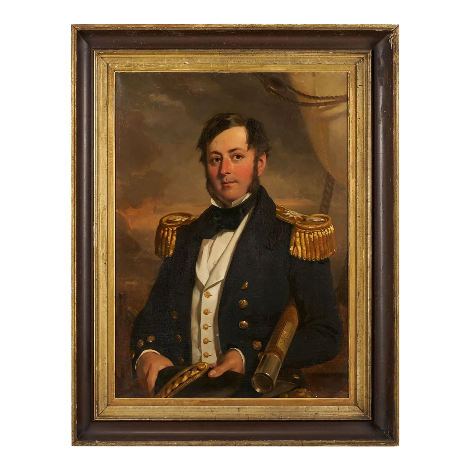 British School 19th C. O/C Nautical Portrait: British School, 19th-century oil on canvas half length portrait of a Naval officer, seated on the deck of a ship and attired in uniform with his hat in his hands and his looking glass beneath his