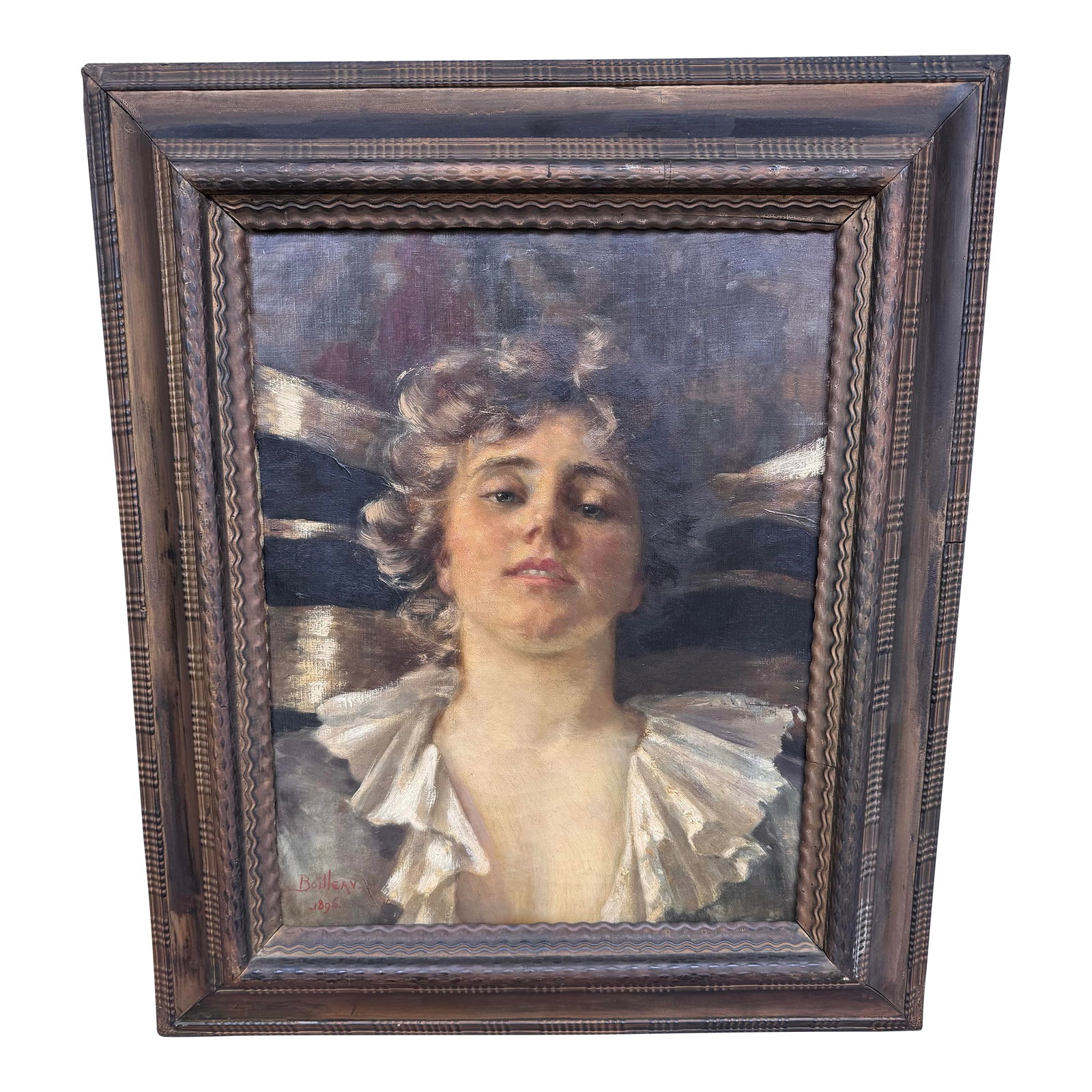 19th Century Portrait Painting of Emily Gilbert- Attributed to Philip Boileau: Just an incredible antique oil on canvas. It's an unusual, intimate portrait of a glance between lovers. The collar of her ruffled nightgown is open, and she gazes directly at the viewer as if we are