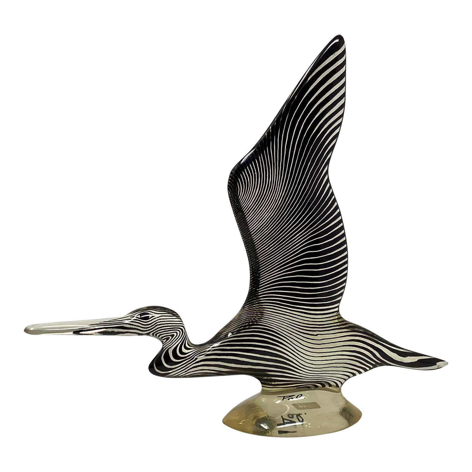 Abraham Palatnik Mid-Century Lucite Heron Bird Sculpture: Abraham Palatnik Lucite Heron Sculpture From Brazil, featuring a distinct black and white op art pattern. Signed "Pal" on the base, as well as having the original paper label "Made in Brazil".