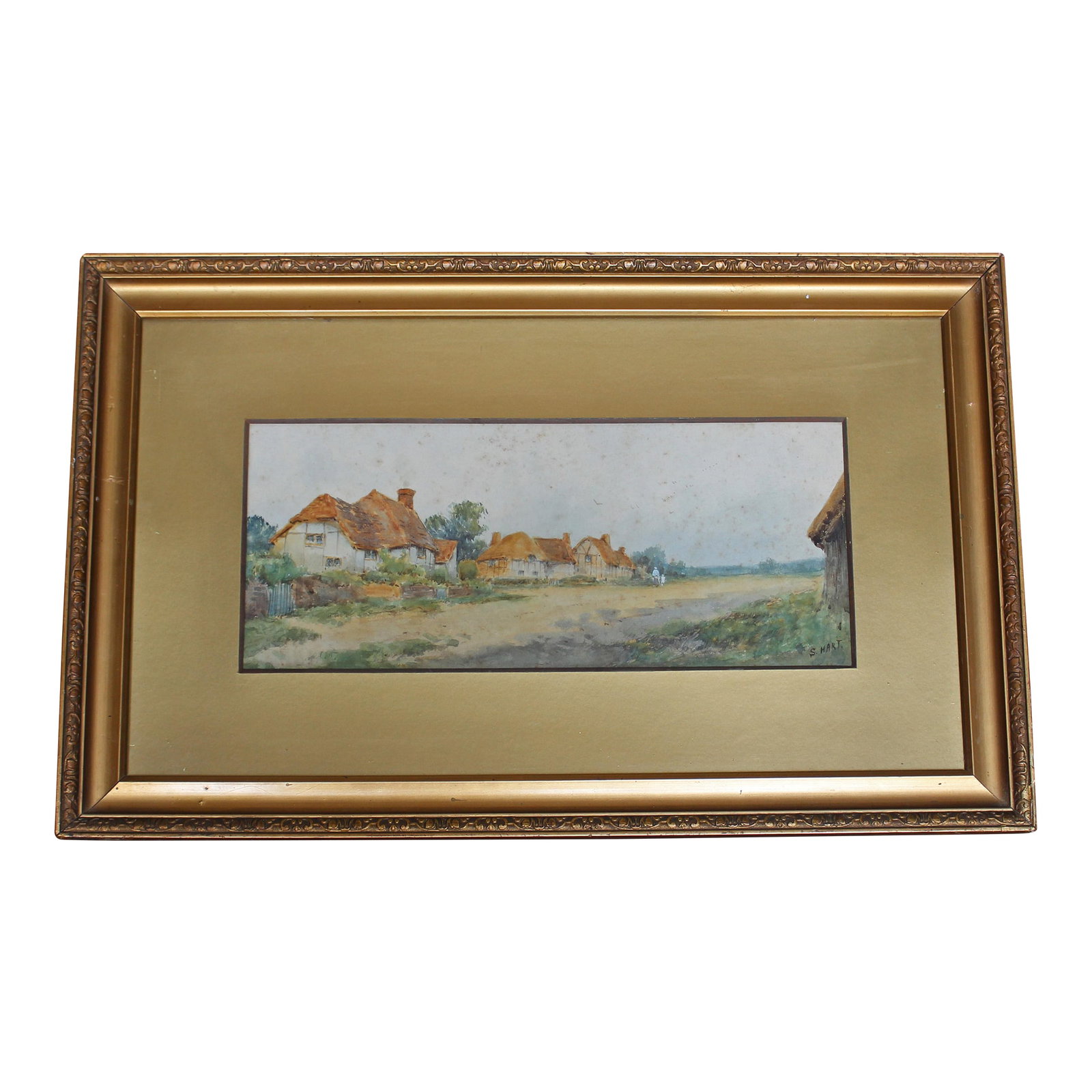 Early 20th Century English Village Watercolor Scene by S. Hart: Early 20th century English village scene watercolor by S. Hart. A charming English village of thatched roof cottages, a mother & daughter walking hand in hand. Signed lower right. While S. Hart is