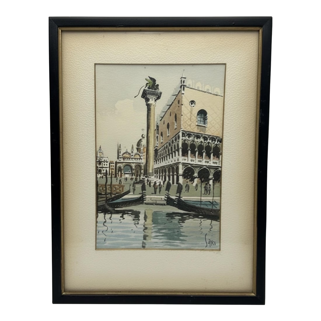 Mid-Century Signed Original Watercolor of Venice Piazza San Marco: Charming mid-20th-century original watercolor depicting Venice's iconic Piazza San Marco waterfront. The composition captures gondolas on the lagoon with the Doge's Palace and the Column of Saint