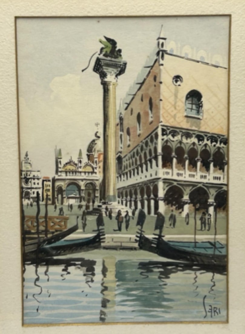 Mid-Century Signed Original Watercolor of Venice Piazza San Marco - 2