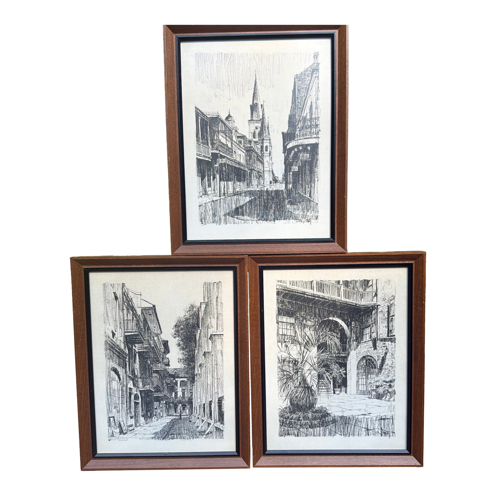 Vintage Mid Century Modern 1960s Don Davey New Orleans French Quarter Framed Prints - Set of 3: Add a touch of historic Southern charm to your next design project with this exceptional, matching triptych of vintage mid-century architectural prints by renowned illustrator Don Davey. Originally