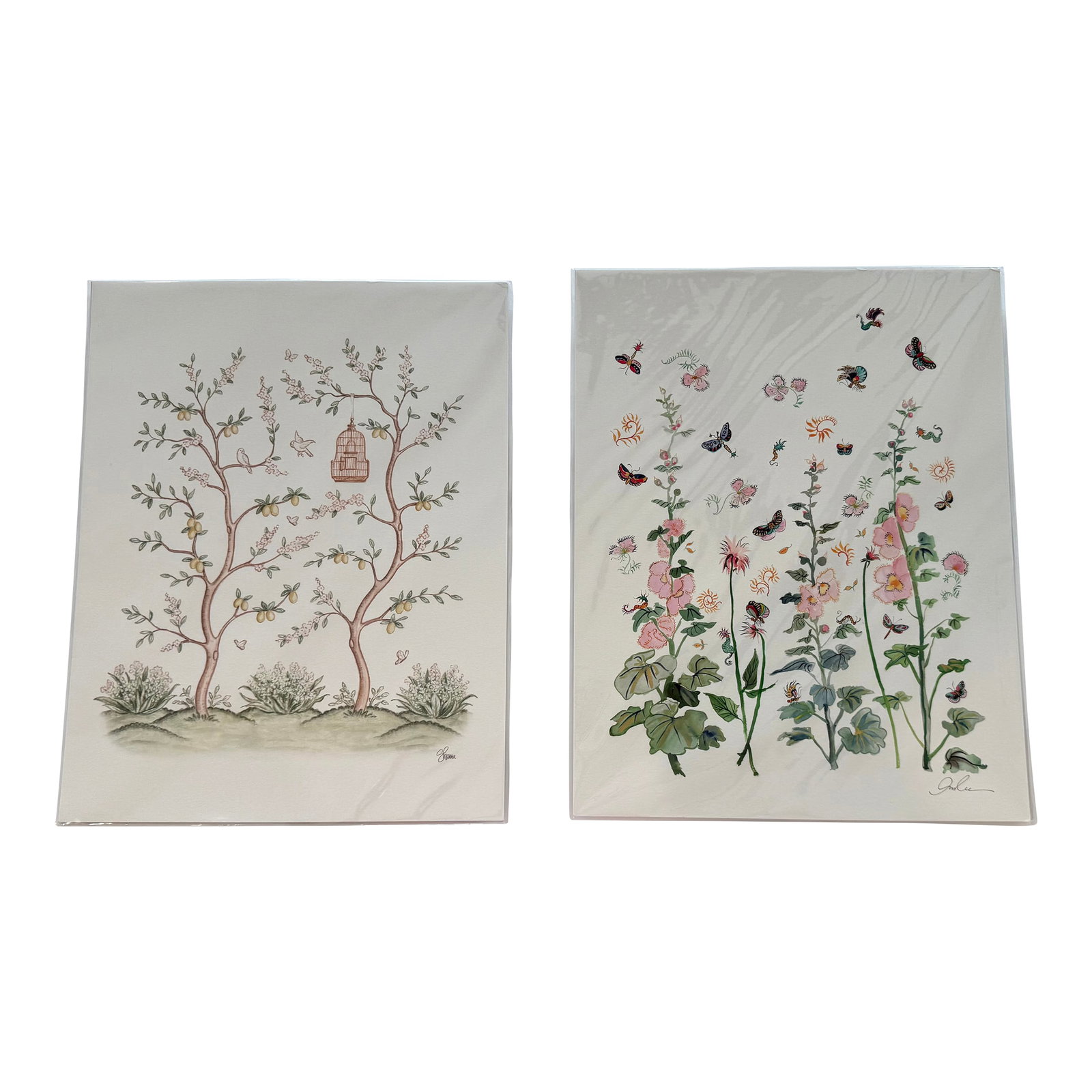 Storybook Pair of Whimsical Botanical & Garden Prints: Charming Garden Prints! Bring a touch of storybook charm to any space with this pair of decorative botanical prints. One features flowering fruit trees with delicate birds and a hanging cage, while