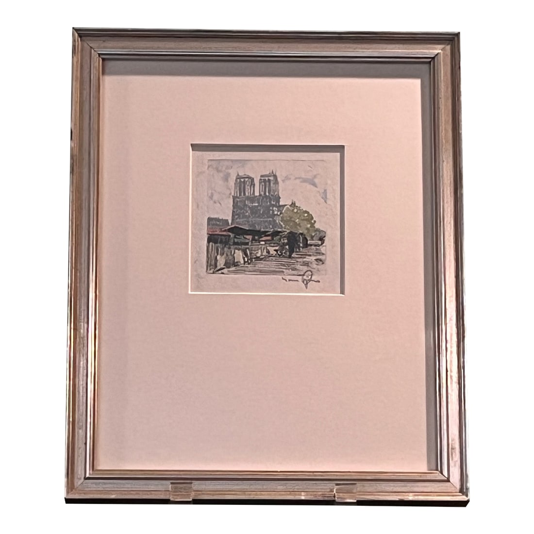 Mid 20th Century Hans Figura Signed Etching Notre Dame Paris Framed Fine Art Print 11x9: Original vintage color etching on silk or textured paper by renowned Austrian artist Hans Figura (1898-1978). Features a detailed scene of Notre-Dame Cathedral in Paris with market stalls and figures 