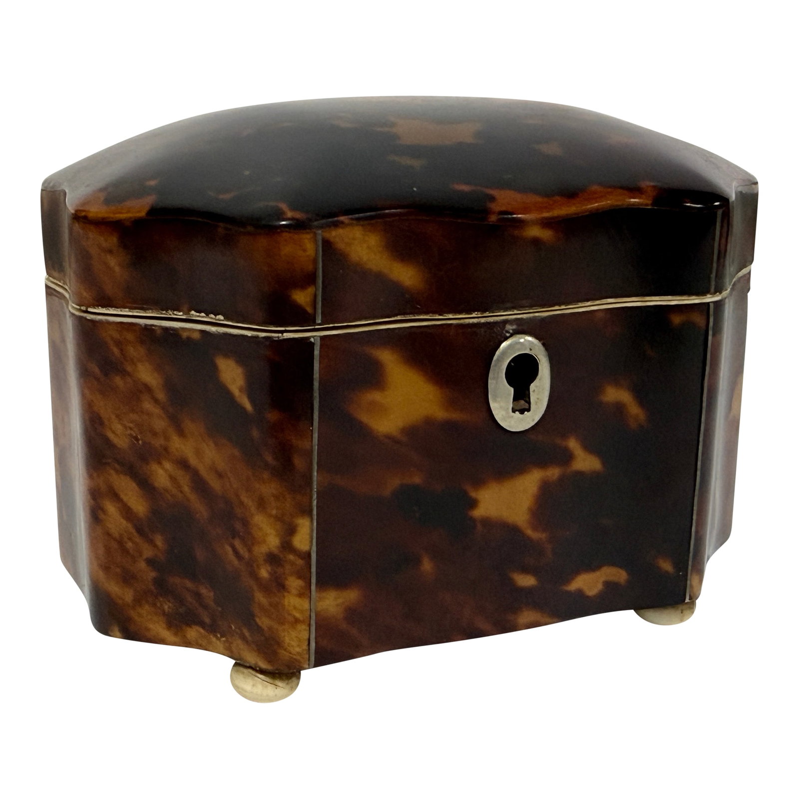 Dutch Regency Tortoiseshell Tea Caddy, Circa 1820: A rare early 19th-century Dutch tortoiseshell tea caddy, circa 1820, of refined casket form with a softly domed hinged lid, canted serpentine corners, and richly figured tortoiseshell panels in deep
