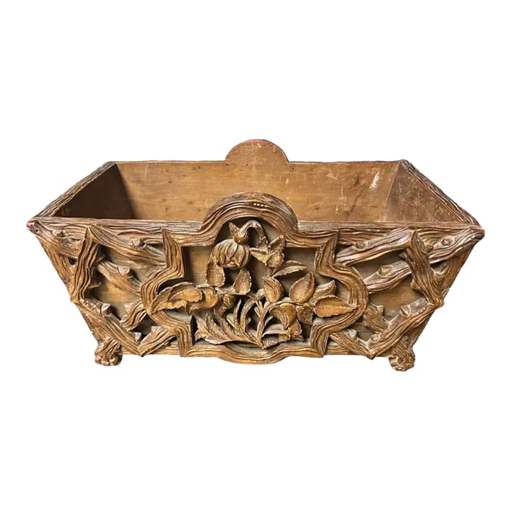 Late 19th Century Black Forest Carved Wood Jardiniere or Planter With Toby West Tag: Absolutely stunning carving on this lightweight planter. Absolutely no damage. Beautiful feet, foliate carvings. Condition: Alterations: Original Condition Unaltered Imperfections: Some Imperfections