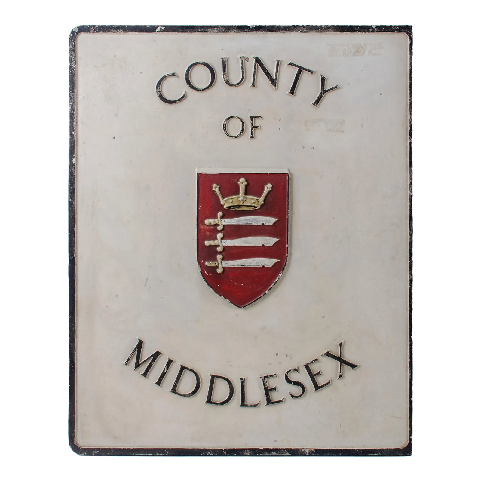 County of Middlesex, England Cast Iron Sign: A painted cast iron street sign for the County of Middlesex. 24 by 30 by 3/8 inches thick Condition: Alterations: Original Condition Unaltered Imperfections: Some Imperfections Condition Notes: Good
