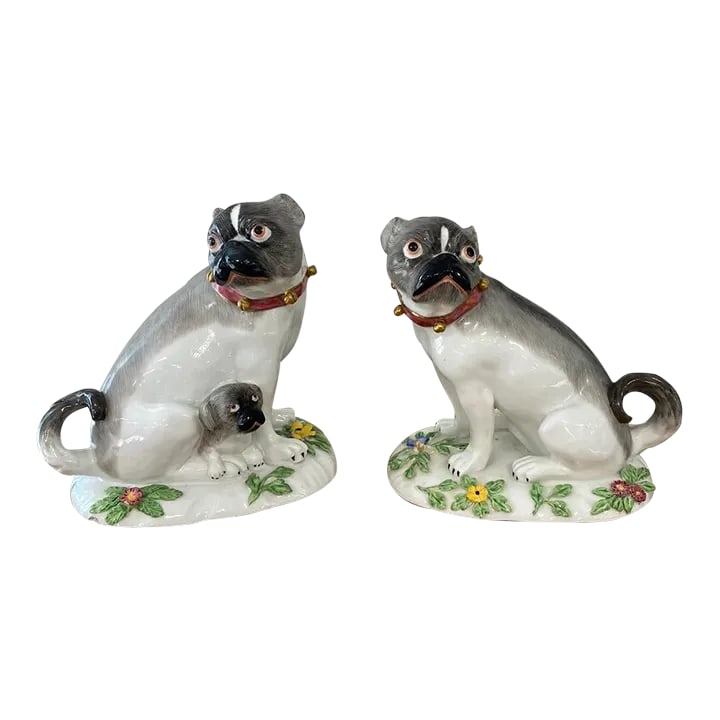 Antique Meissen Style French Porcelain Bulldog Figures - a Pair: Pair, antique french porcelain bull dogs in the style of the Meissen porcelain factory. Great quality with two missing flower petals. Condition: Alterations: Original Condition Unaltered Imperfections