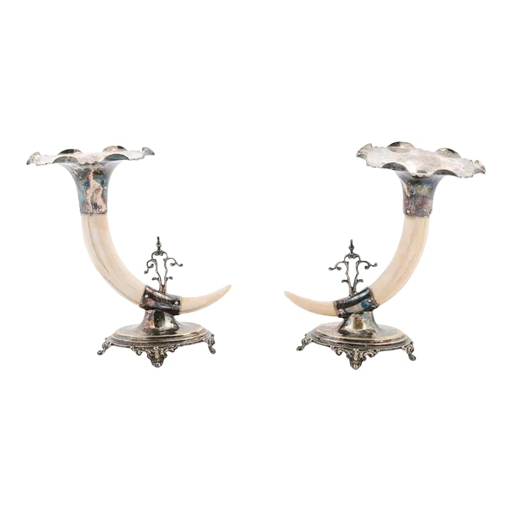 English Victorian Rodgers & Sons 19th Century Game Animal Horns on Silver Mounts - A Pair: A pair of English Victorian period game animal horns on sheffield mounts from the 19th century stamped Joseph Rodgers & Sons. Created in England during the 19th century, each piece features a game