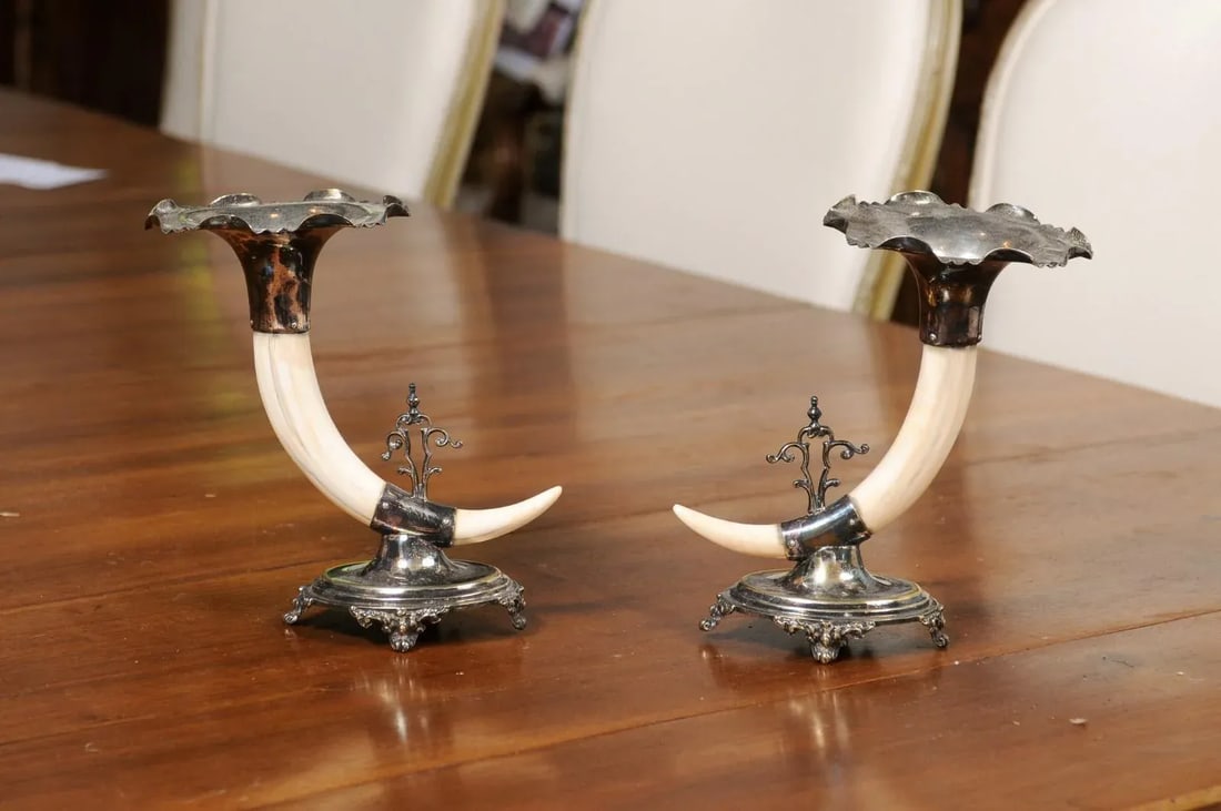English Victorian Rodgers & Sons 19th Century Game Animal Horns on Silver Mounts - A Pair - 2