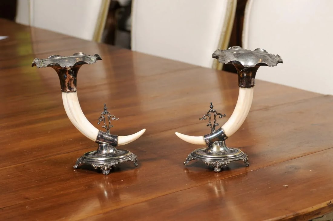 English Victorian Rodgers & Sons 19th Century Game Animal Horns on Silver Mounts - A Pair - 5