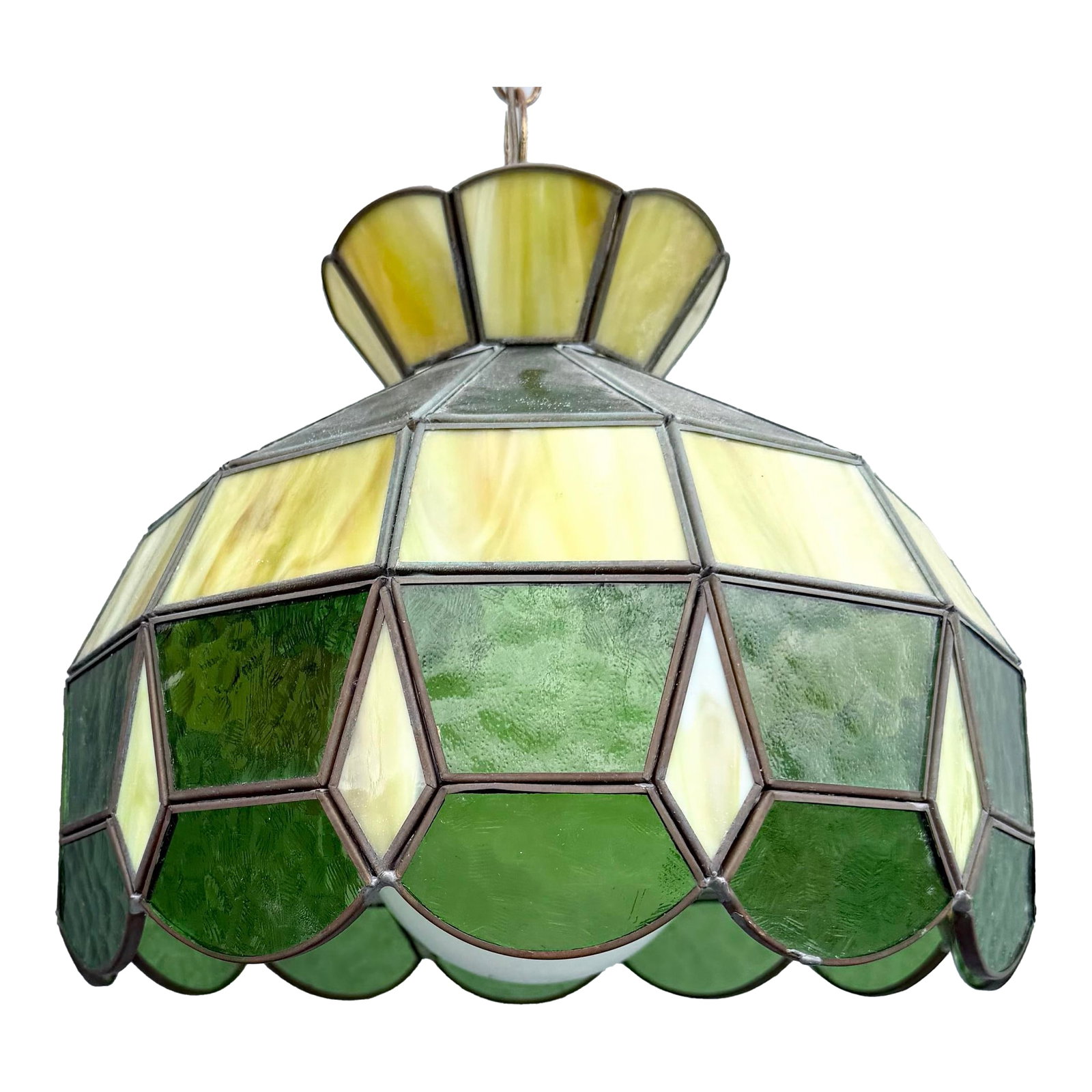 Mid Century Green Stained Glass Pendant Lamp: Charming vintage Mid-Century Modern stained glass pendant light featuring a geometric shade in layered shades of green, cream, and yellow. Individual textured and translucent glass panels are joined w