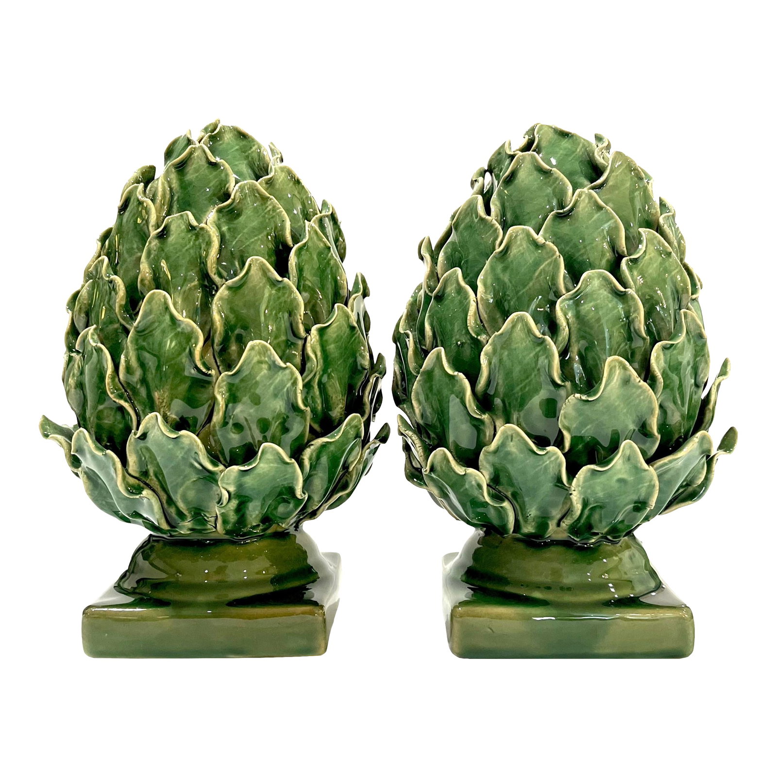Vintage Majolica Green Faience Artichokes - A Pair: This pair of delightful majolica faience ceramic artichokes each stand at ten inches tall x six inches diameter. Making them the perfect decorative accessory for your dining table, fireplace mantle, h