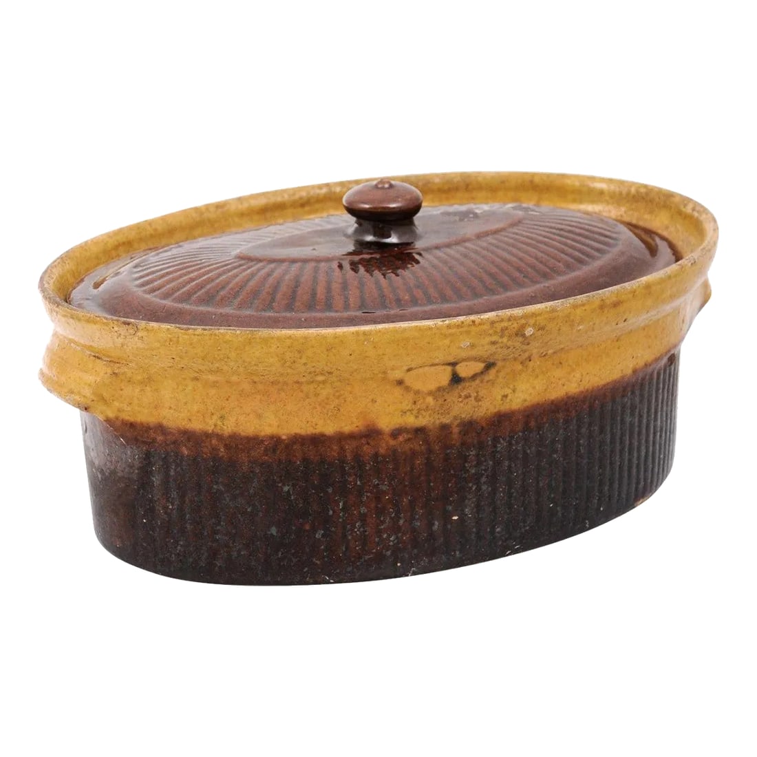 Rustic French 19th Century Covered Pate Terrine with Brown and Gold Glaze: A rustic French covered pate tureen from the 19th century with brown glaze. Created in France during the 19th century, this terrine features a traditional oval body topped with a lid and flanked with