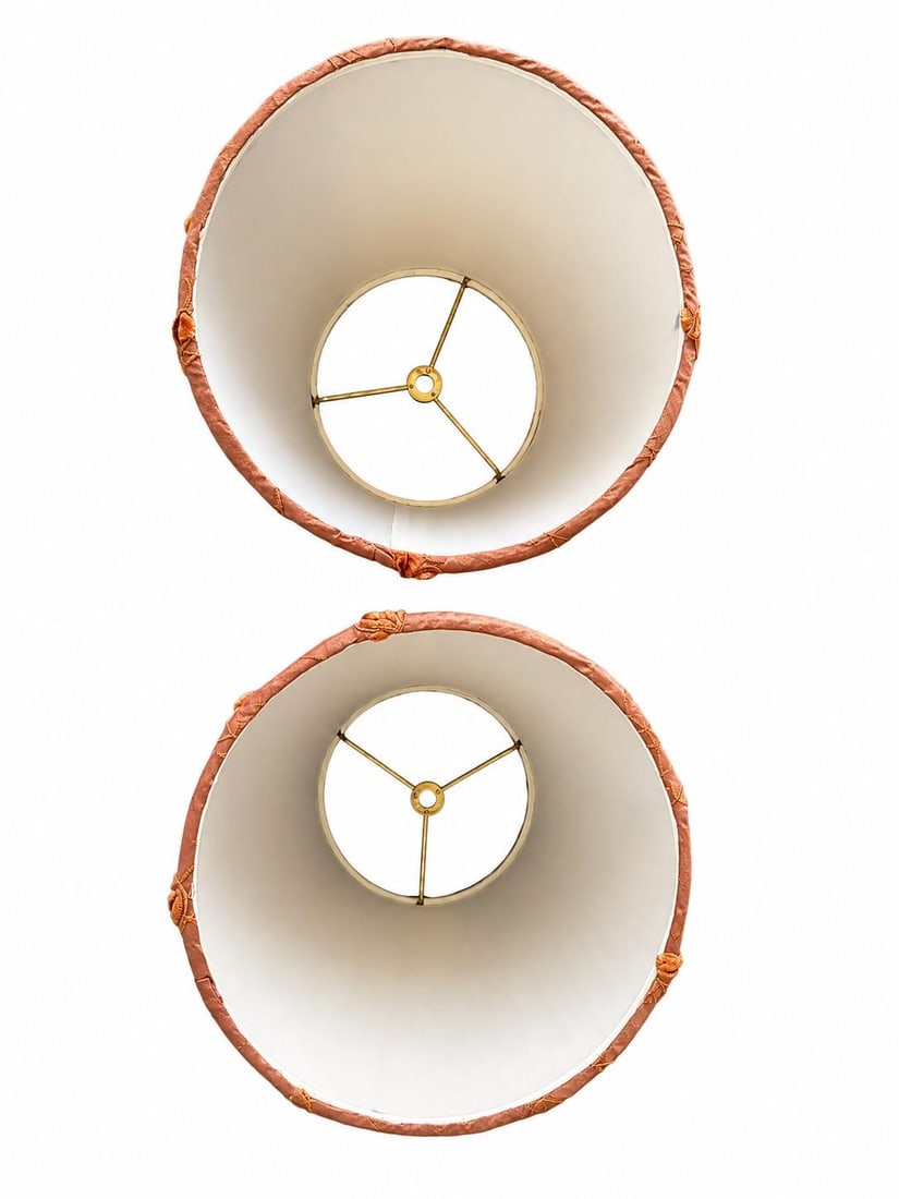 Pair of Vintage That Shady Lady Burnt Orange Pleated Silk Embroidered Lamp Shades - 2
