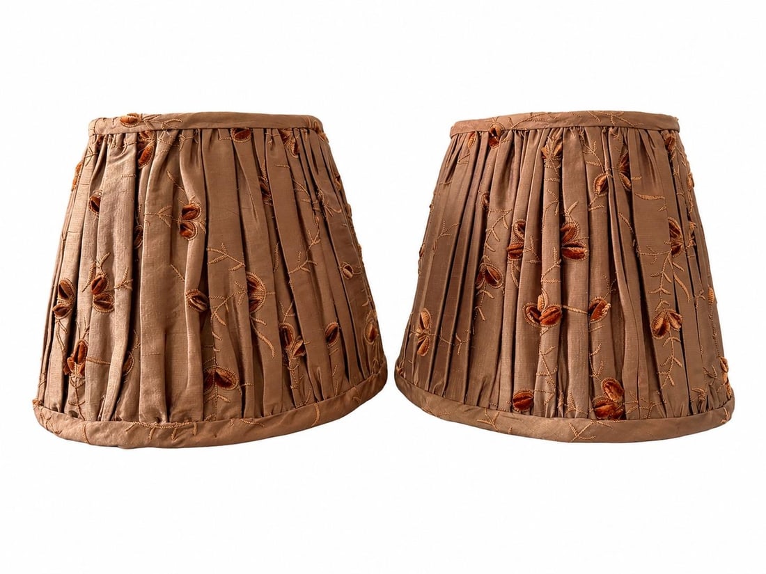Pair of Vintage That Shady Lady Burnt Orange Pleated Silk Embroidered Lamp Shades - 3