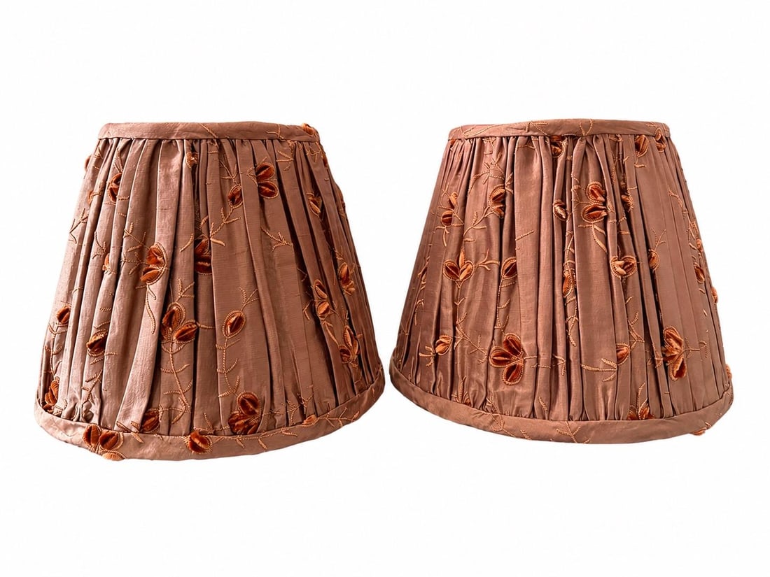 Pair of Vintage That Shady Lady Burnt Orange Pleated Silk Embroidered Lamp Shades - 4