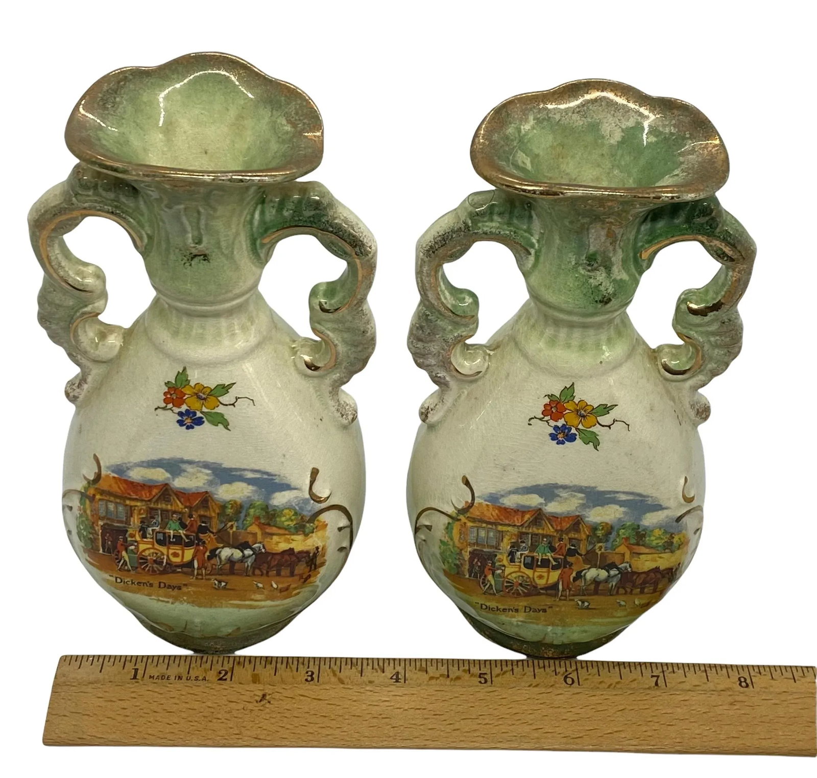 Vintage Staffordshire England Genuine Fenton Ware Bud Vases With "Dicken's Days" Design - a Pair - 11