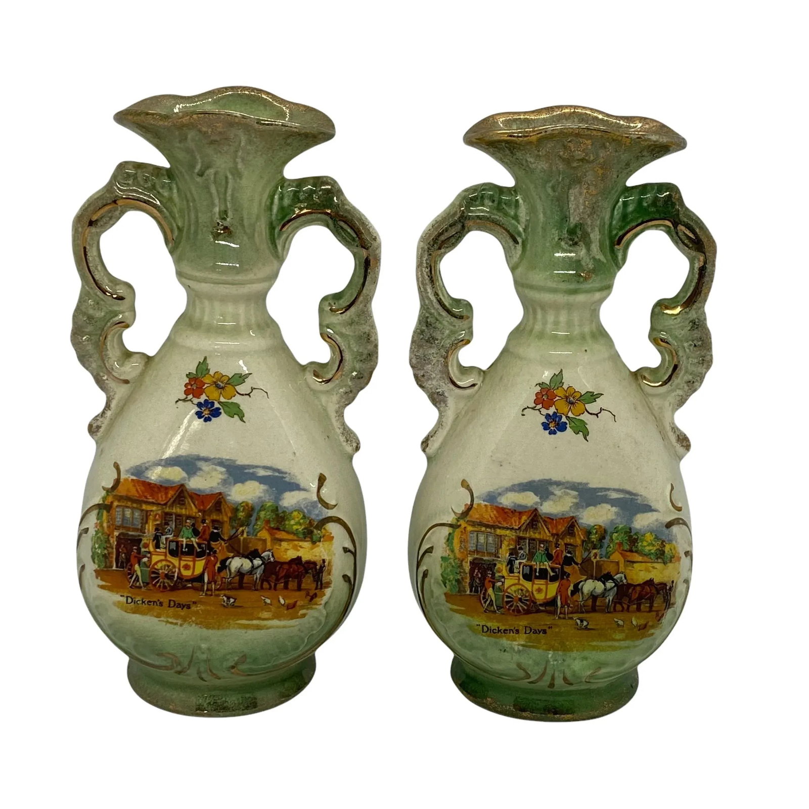 Vintage Staffordshire England Genuine Fenton Ware Bud Vases With "Dicken's Days" Design - a Pair - 13