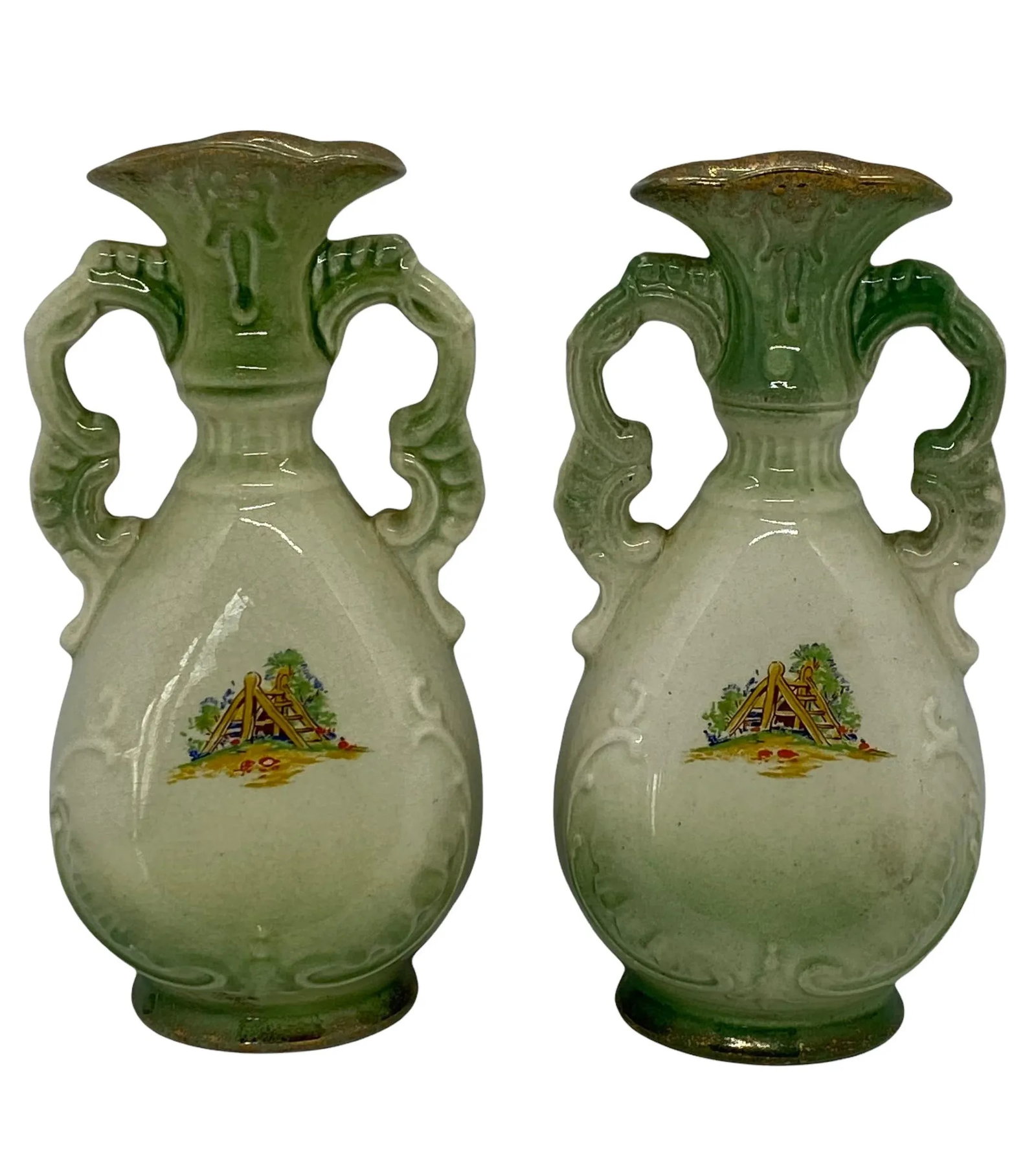 Vintage Staffordshire England Genuine Fenton Ware Bud Vases With "Dicken's Days" Design - a Pair - 3
