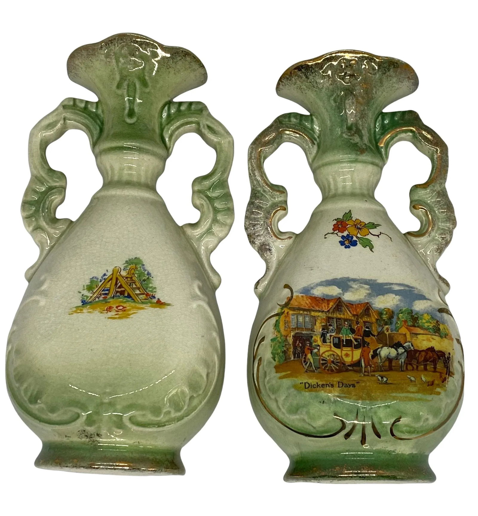 Vintage Staffordshire England Genuine Fenton Ware Bud Vases With "Dicken's Days" Design - a Pair - 7