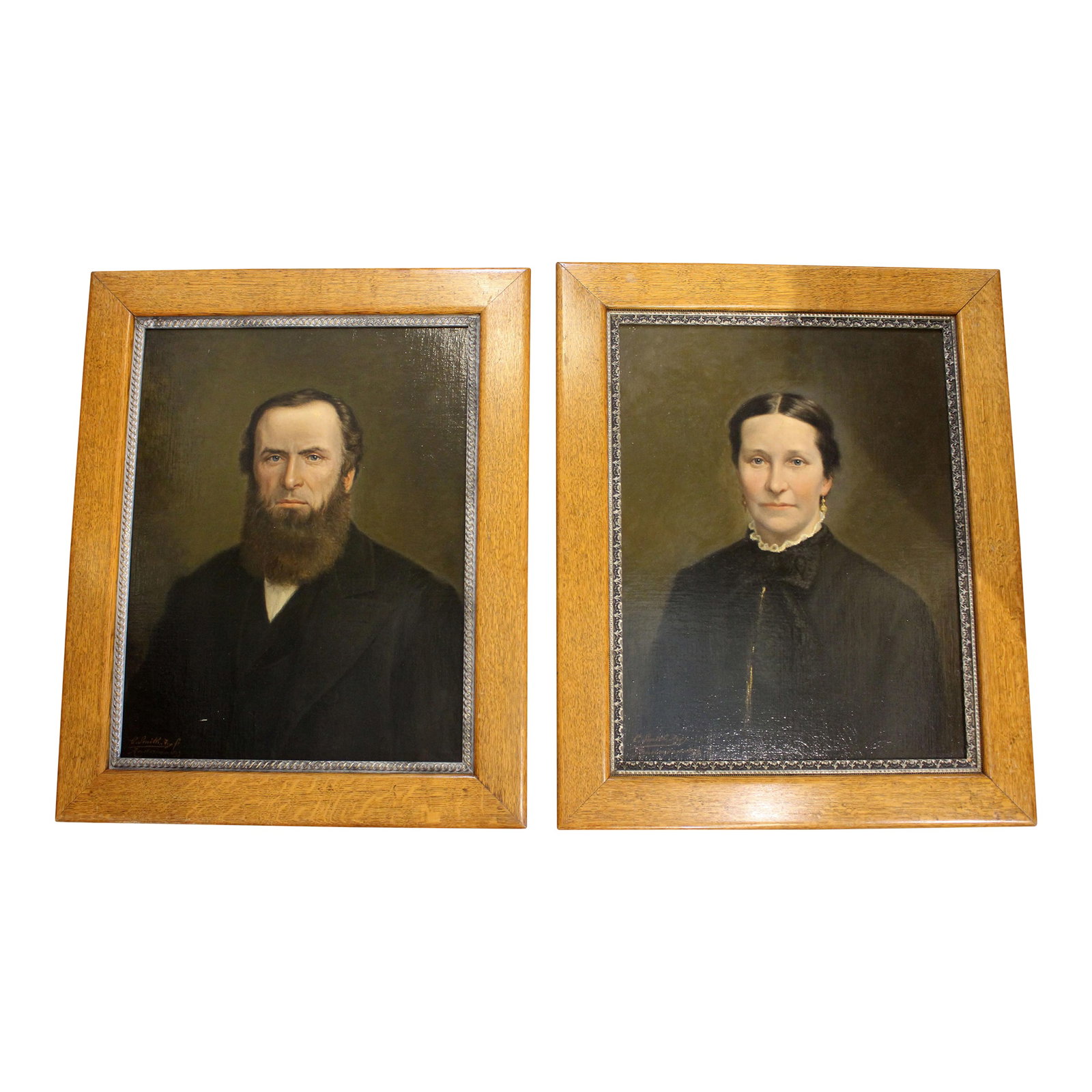 Pair of Portraits Painted in Amsterdam in 1893 by C. Smith: Pair of portraits painted in Amsterdam in 1893 by C. Smith. Oil on canvas, laid down & cleaned. Signed & dated. A bearded man in solemn, period attire & a woman in elegant, solemn dress with ruffled