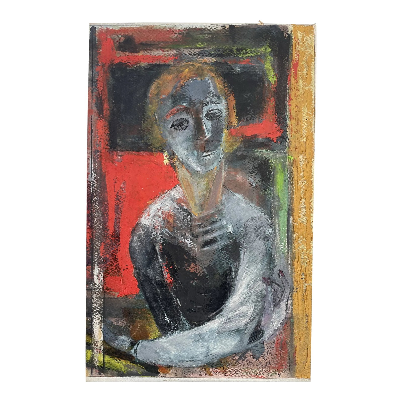 Mid 20th Century Cubist Original Mixed-Media Portrait Painting: Dating to the mid 20th-century, this mixed media portrait is rendered in vibrant, saturated hues. Condition: Alterations: Original Condition Unaltered Imperfections: Some Imperfections Condition