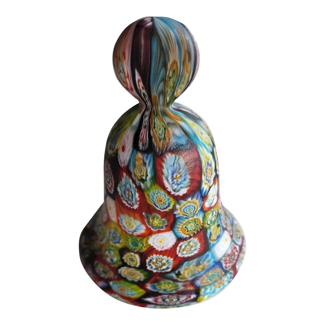 1970's Italian Millifiore Glass Bell: Italian glass bell with multicolored millefiore. The bell has a matte finish and displays beautifully with a background light source. Condition: Alterations: Original Condition Unaltered