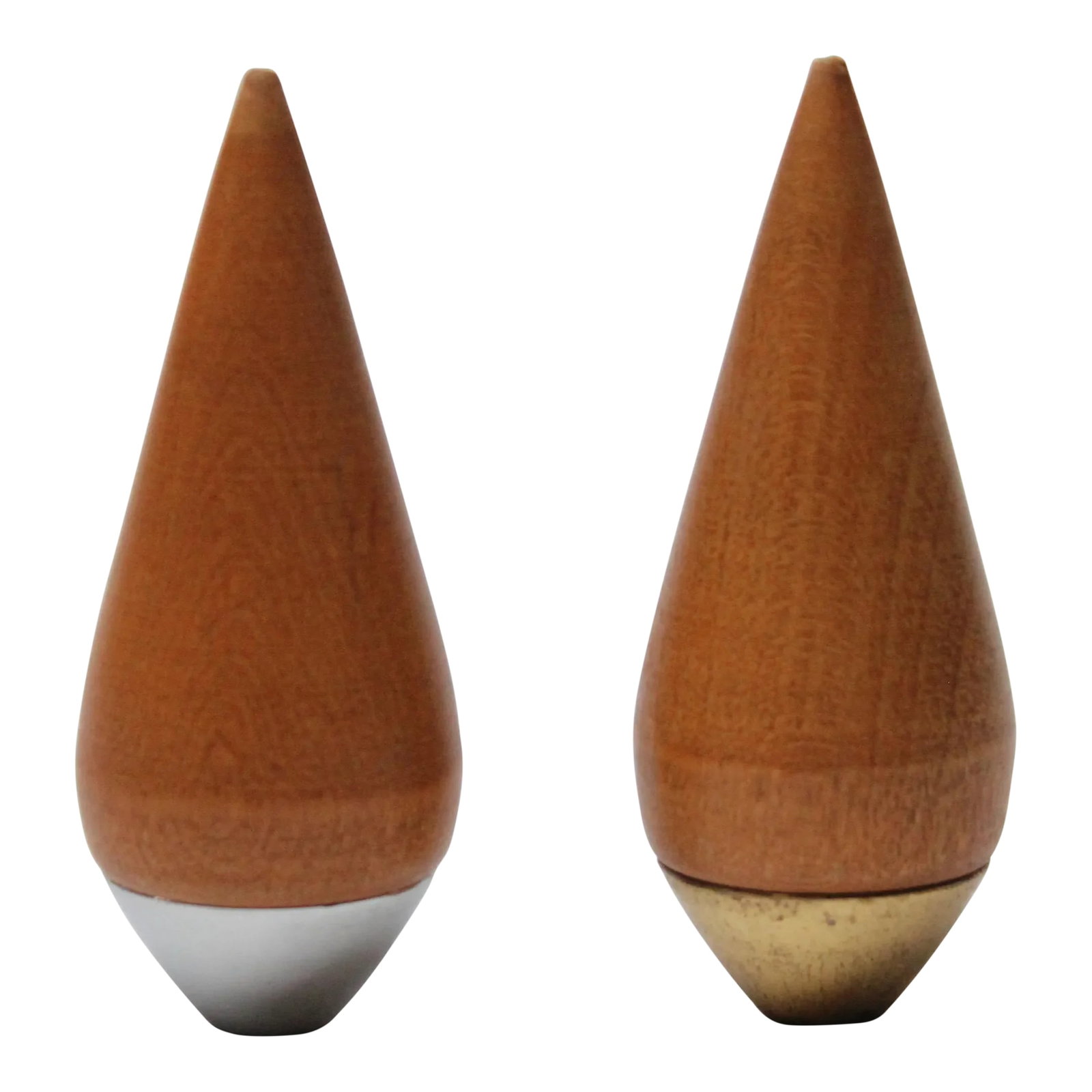 Danish Modern Conical Teak Salt and Pepper Shakers by P. J. Ostergaard: Set of petite conical / teardrop teak salt and pepper shakers designed by P. J. Ostergaard for PJO Form (ca. 1950s, Denmark). Both have weighted bases to prevent the salt and pepper from spilling - on