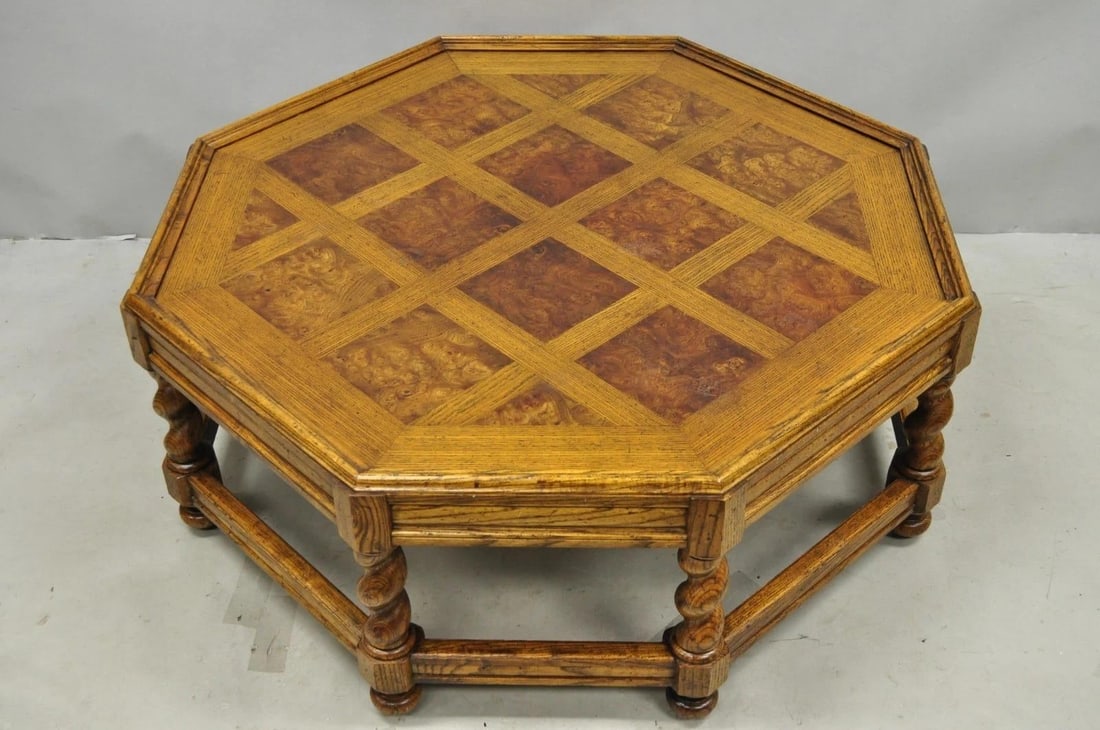 Vintage Baker Barley Twist Oak & Burlwood Parquetry Octagonal Coffee Table - 17